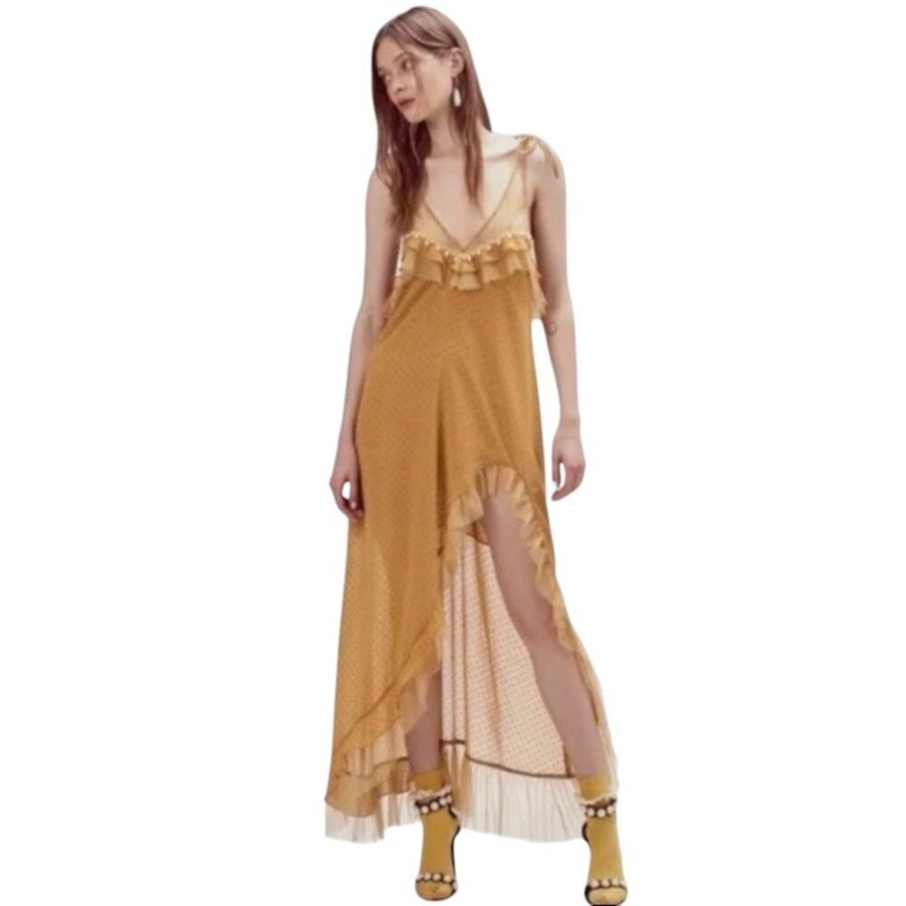 For Love & Lemons Marquee Asymmetrical Ruffle Dress in Mustard Yellow Size XS